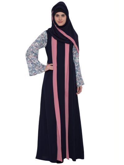Blue Pink Abaya with Printed Sleeves