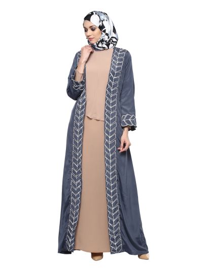 Grey Embroidered Jacket Style Abaya