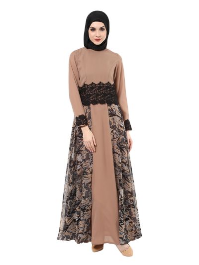 Beige Printed Panelled Abaya with Lace Detailing