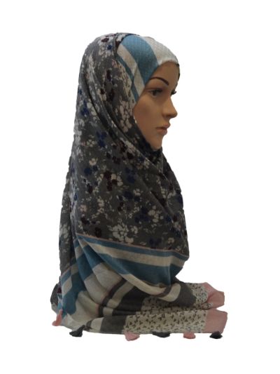 Floral Print Hijab With Checks Weave
