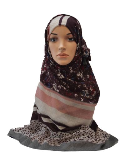 Floral Print Hijab With Checks Weave