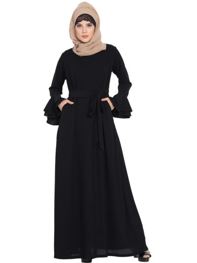 Abaya Dress with Double Layers of Bell Sleeves and Matching Belt