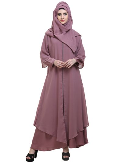 Baby Pink Double Layer Designer Zipper Front Open Abaya