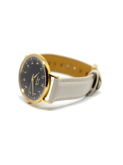 Women Gold & Black Leather Arabic Watch 
