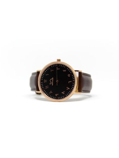 Women Rose Gold & Black Leather Arabic Watch 