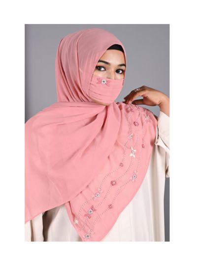 Elena Pink Handwork Hijab With Matching Mask