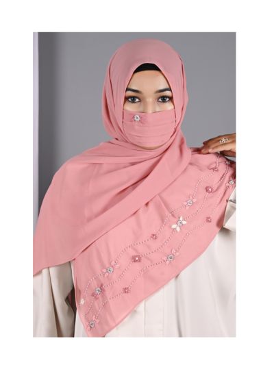 Elena Pink Handwork Hijab With Matching Mask