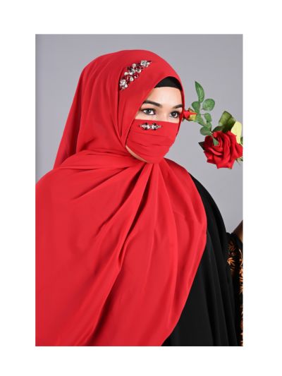 Heer Red Rhinestone Hijab With Matching Mask