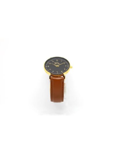 Women Gold & Black Leather Arabic Watch 