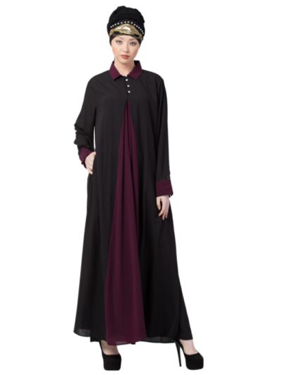 Contrast Yoke Black & Wine Casual Abaya
