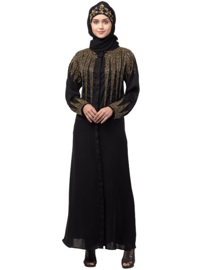 Front Open Golden Hand Work at Front Back & Sleeve Nida Abaya
