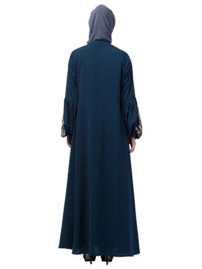 Front & Sleeve Resham Embroidery Balloon Sleeve Abaya