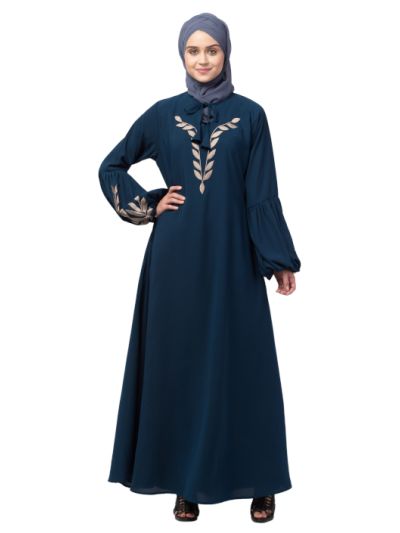 Front & Sleeve Resham Embroidery Balloon Sleeve Abaya