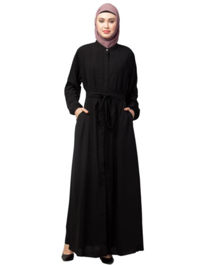 Front Open With Belt & Elastic At Cuff Casual Abaya