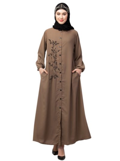Front Open One Side Thread Embroidery Casual Abaya
