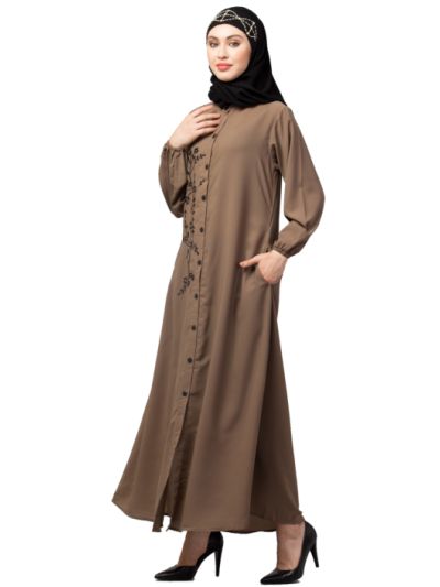 Front Open One Side Thread Embroidery Casual Abaya