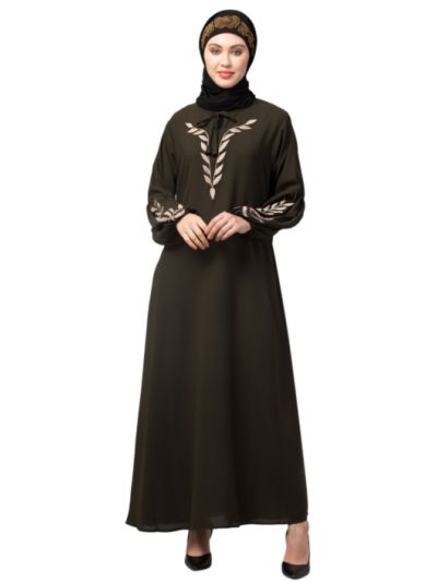 Front & Sleeve Resham Embroidery Balloon Sleeve Abaya
