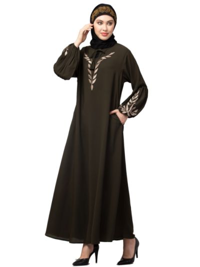 Front & Sleeve Resham Embroidery Balloon Sleeve Abaya