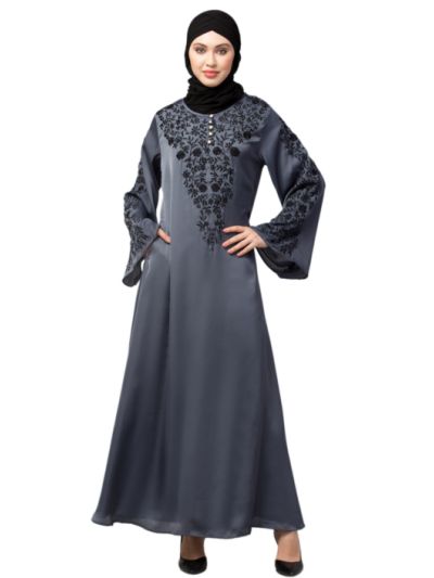 Neck & Sleeve Resham Embroidered  A line Party Abaya