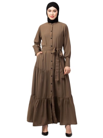 Front Open Gather & Frill With Belt Casual Abaya