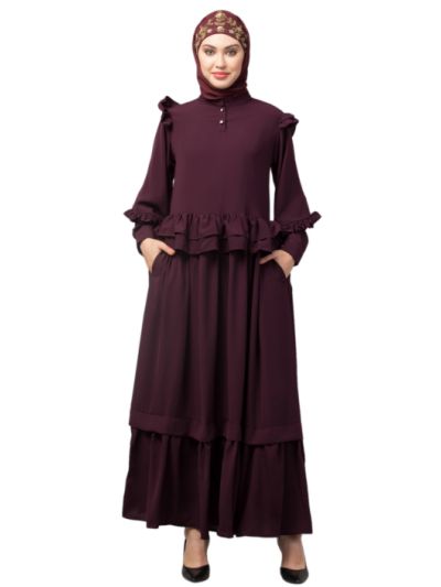 Frill At Waist Shoulder Double Sleeve Flare Casual Abaya