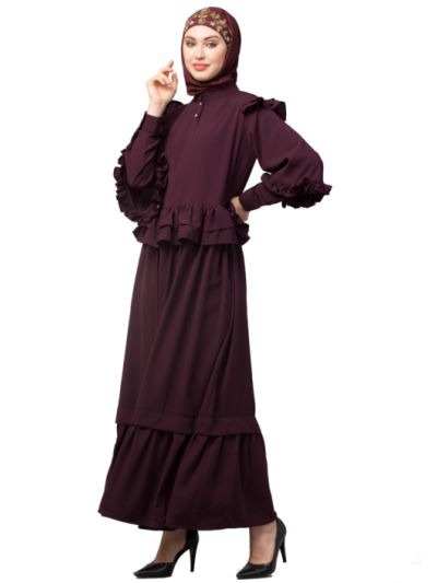Frill At Waist Shoulder Double Sleeve Flare Casual Abaya