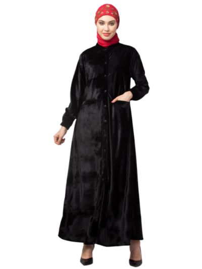 Front open Coat pocket Velvet casual Abaya