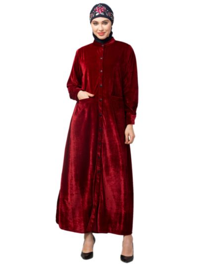 Front open Coat pocket Velvet casual Abaya