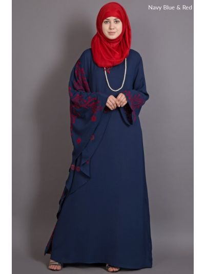 Navy Blue & Red Embroidered Butterfly Sleeve Abaya