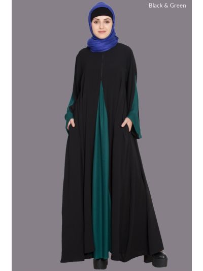 Black & Green Contrast Yoke A line Abaya