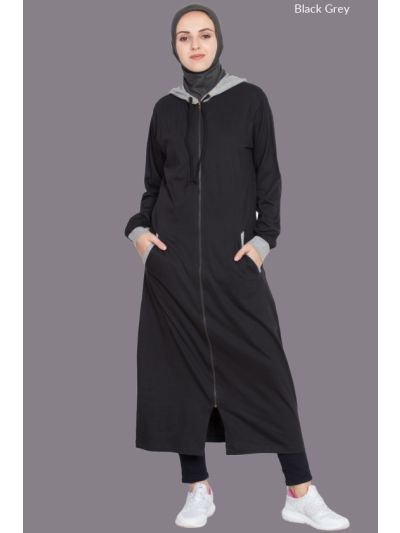 Black & Grey Front Open with Hood Jersey Sports Abaya