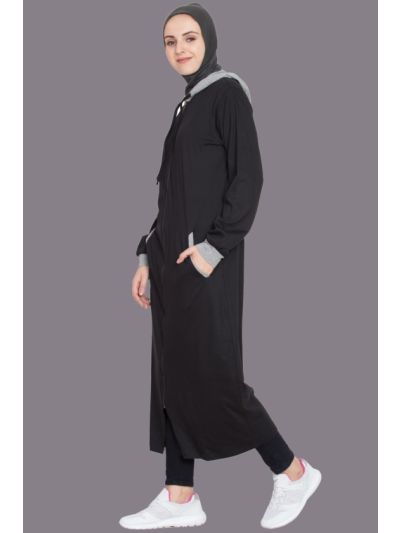Black & Grey Front Open with Hood Jersey Sports Abaya