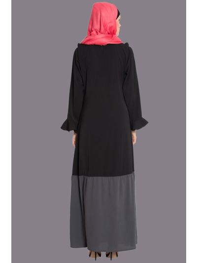 Black & Grey Contrast Bottom Frilled Casual Abaya