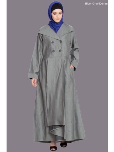 Silver Grey Denim Pleated Coat Abaya