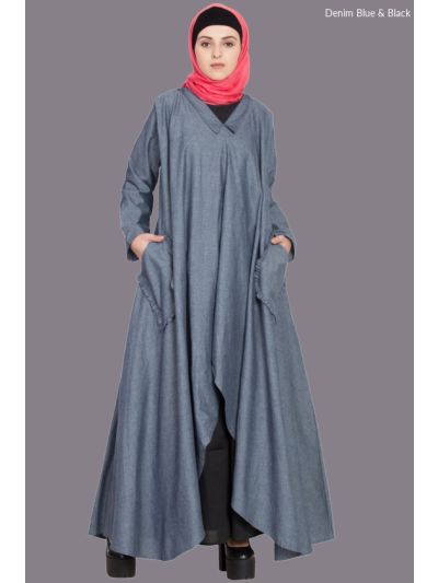 Denim Blue & Black Two Piece Frilled Pocket Abaya