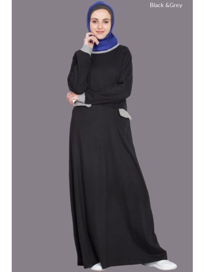 Black & Grey Slant Cut At Waist Travel Abaya