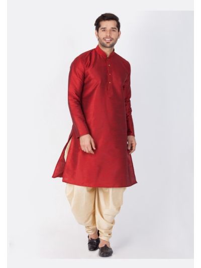 Men Maroon Cotton Silk Kurta and Cowl Dhoti Pant Set