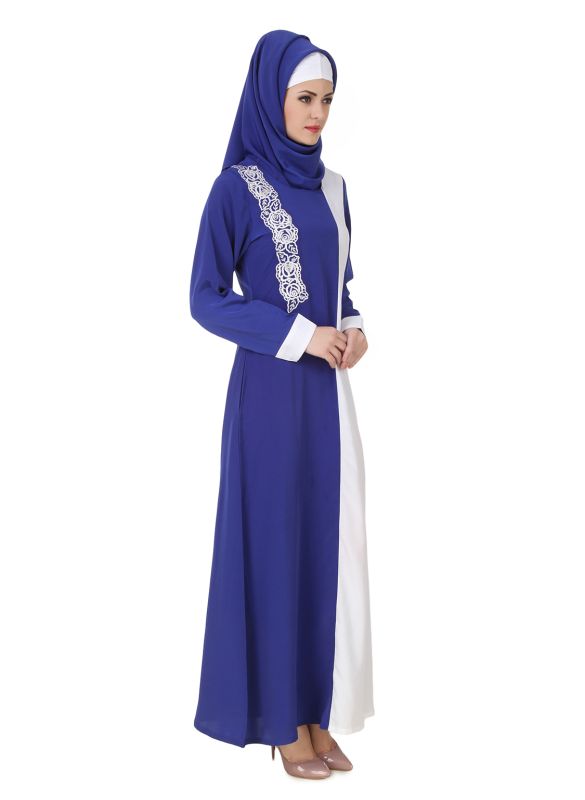 Asbah_Crepe_Royal_Blue_&_White_Abaya_RightView_IslamicShop.in