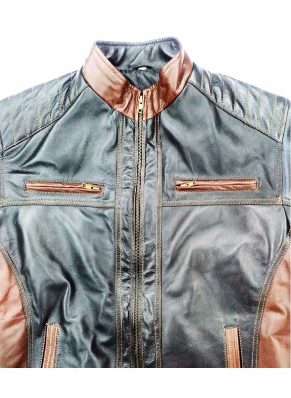 Black_And_Brown_Leather_Jacket_Close View_IslamicShop.in