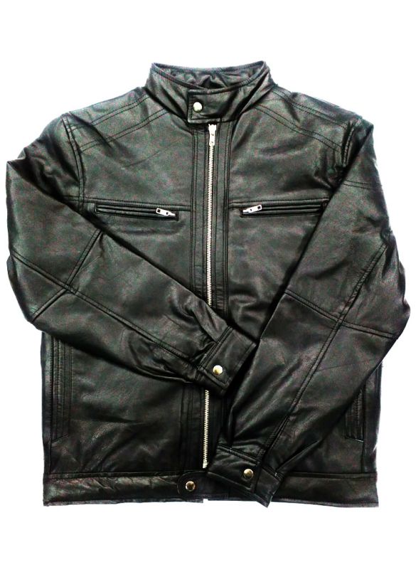 Jet Black_Leather_Jacket_Normal View_IslamicShop.in