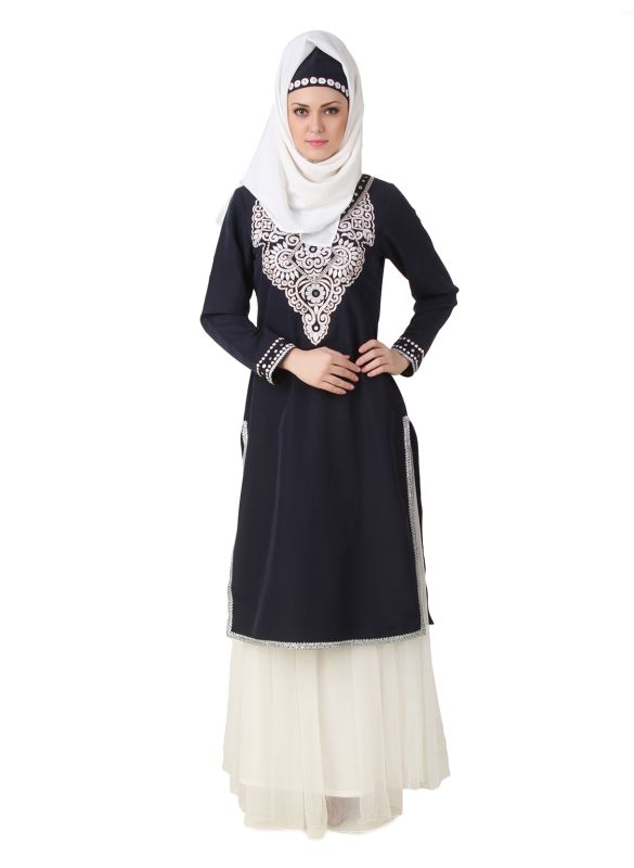 Sharmin_Navy_Blue_White_Kurti and Skirt_Normal View_IslamicShop.in