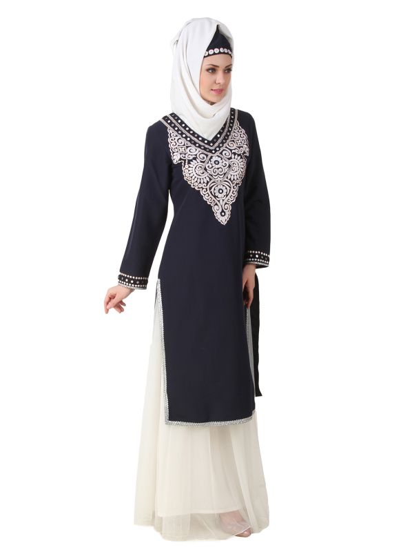 Sharmin_Navy_Blue_White_Kurti and Skirt_Right View_IslamicShop.in