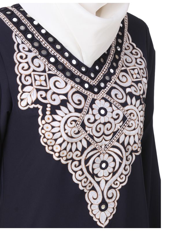 Sharmin_Navy_Blue_White_Kurti and Skirt_Close Up View_IslamicShop.in