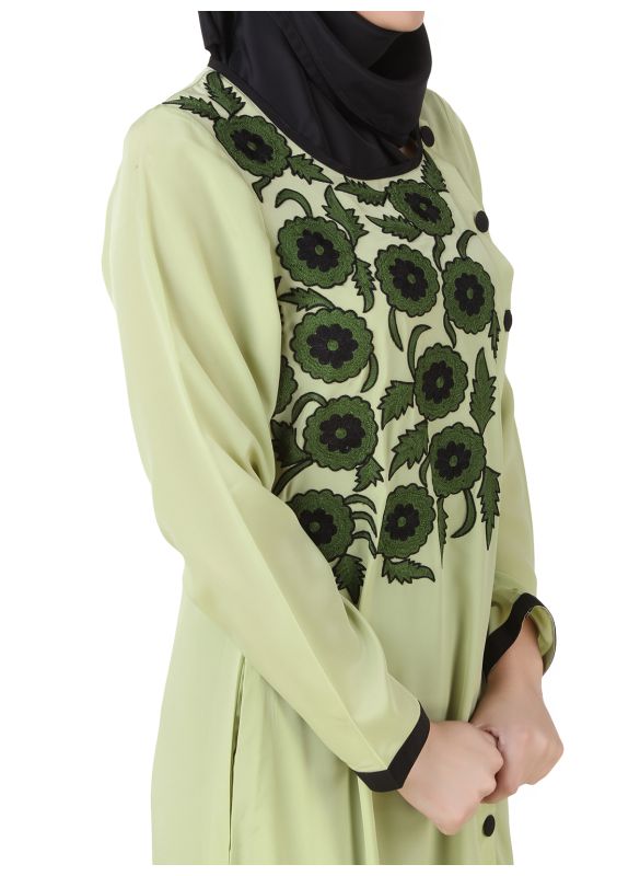 Wareesha_Crepe_Parrot_Green_Abaya_Close Up View_IslamicShop.in