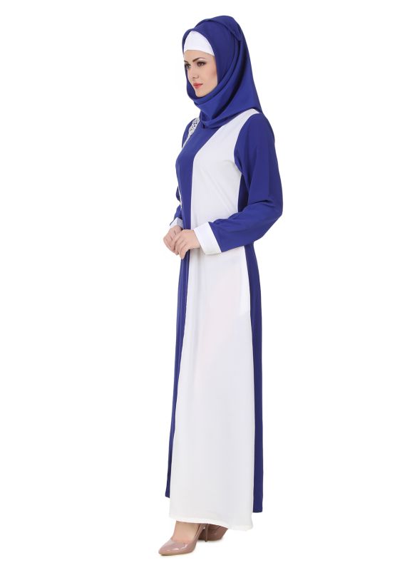Asbah_Crepe_Royal_Blue_&_White_Abaya_LeftView_IslamicShop.in