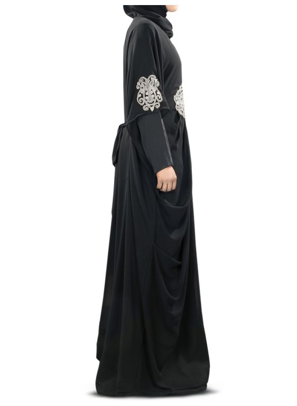 Amara_Silver_Embroidered_Black_Kaftan_Side View_IslamicShop.in
