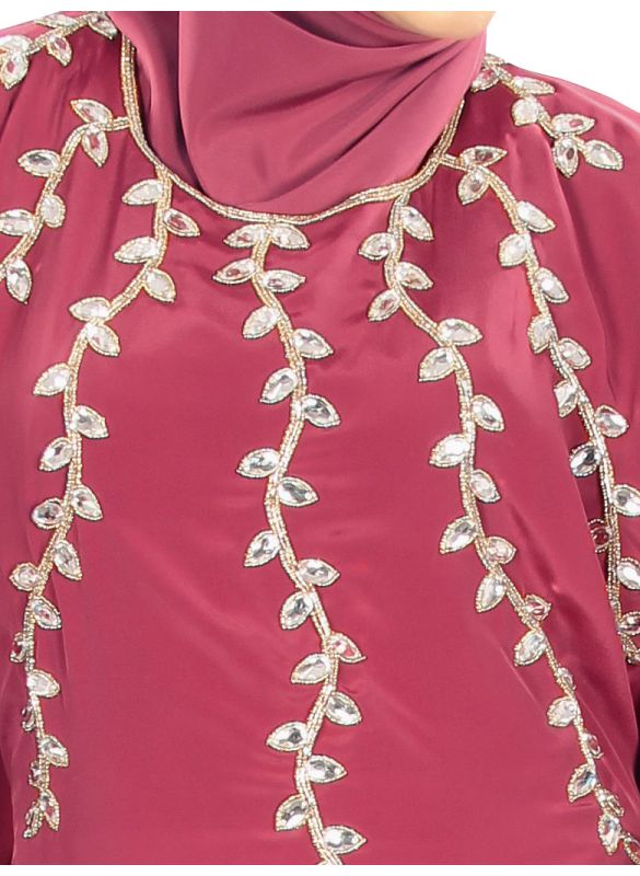 Rubaa_Hand_Embroidered_Rose_Pink_Kaftan_Close Up View_IslamicShop.in
