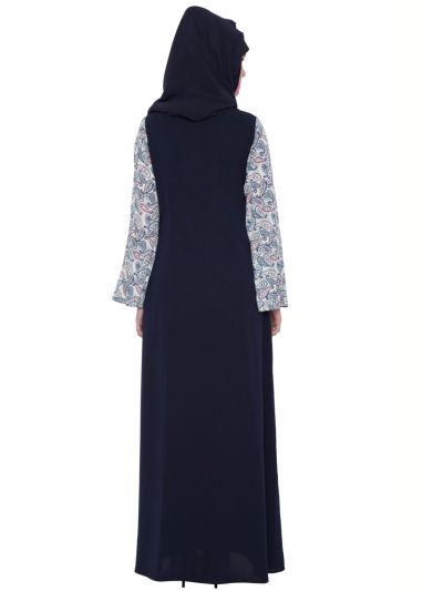 Blue Pink Abaya with Printed Sleeves