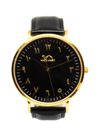 Men Gold & Black  Leather Arabic Watch 