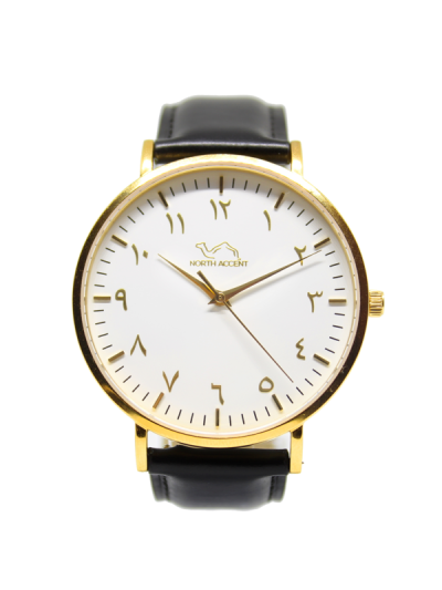 Men Gold & White Leather Arabic Watch 